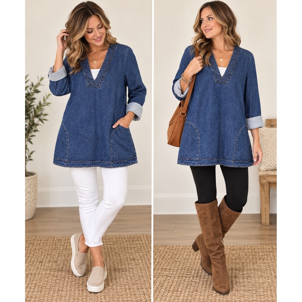 Free People Denim Tunic Top Medium Blue Cotton Deep V-Neck Long Sleeve